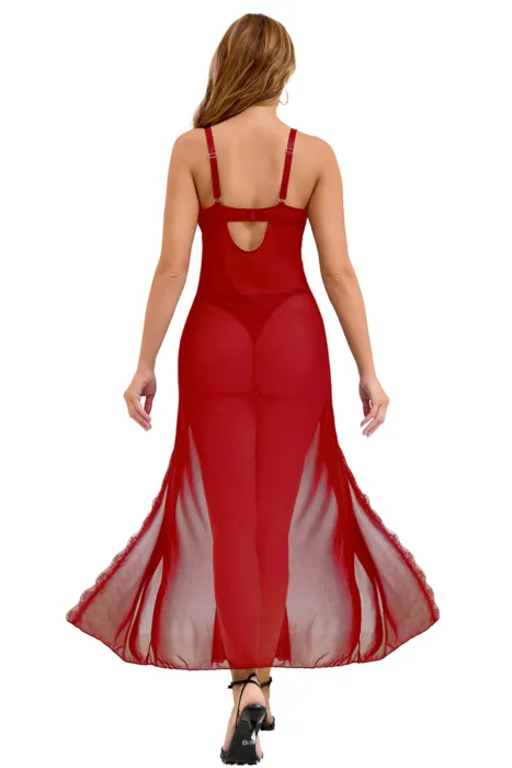 Sexet lang rød natkjole set bagfra